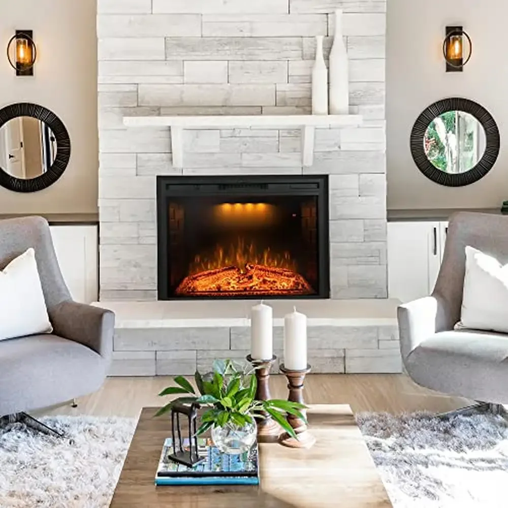 33'' Electric Fireplace Inserts Recessed Built in Wall Heater Fire Crackling Sound Adjustable Top Light Wireless Remote Control