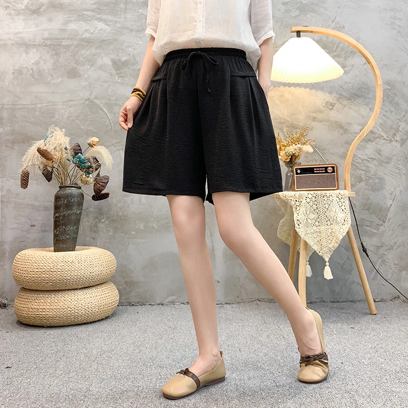 شورت نسائي من الحرير الجليدي بخصر مرتفع ، خصر مرن ، ساق واسعة ، صيف ، ثنى ، كاجوال ، فضفاض ، ناعم ، مقاس كبير