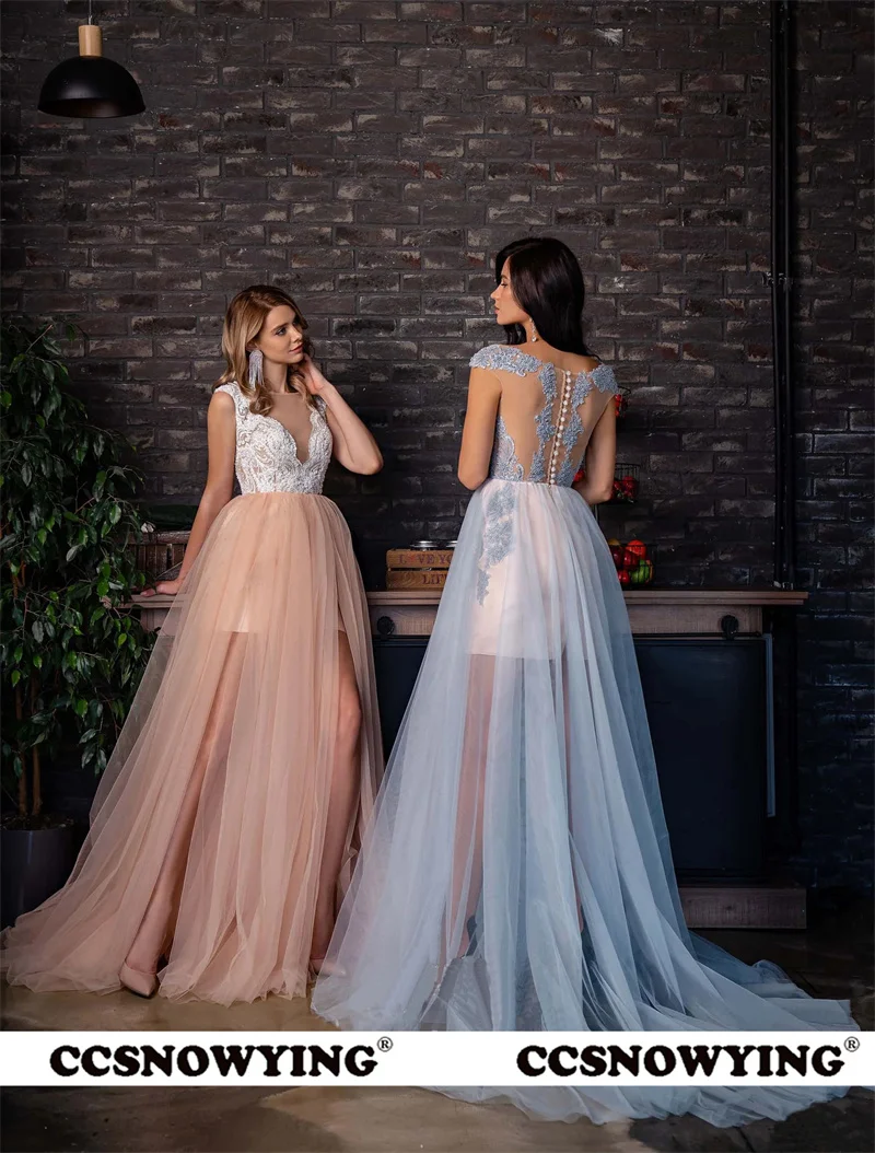 

Tulle Appliques Sleeveless V Neck High Slit Prom Dresses Evening Dress Formal Party Gown A Line Robes De Soirée