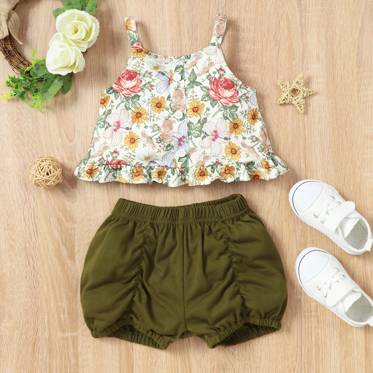 Baby Girl Outfit Summer Cute Flower Print Strap Tops+briefs 2 Pcs Set Loose Comfortable Breathable Infant Baby Sets 0-18M