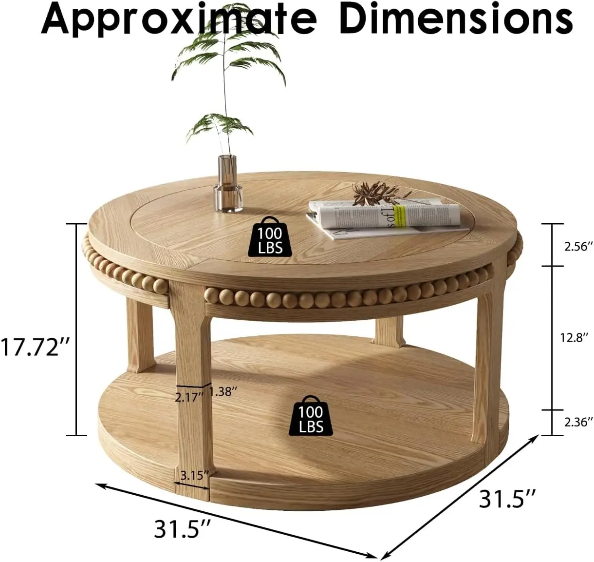 Round Wood Coffee Table, Farmhouse Rustic Circle Coffee Tables, 2-Tier Solid Wood Coffee Table for Living Room Apartment Office-