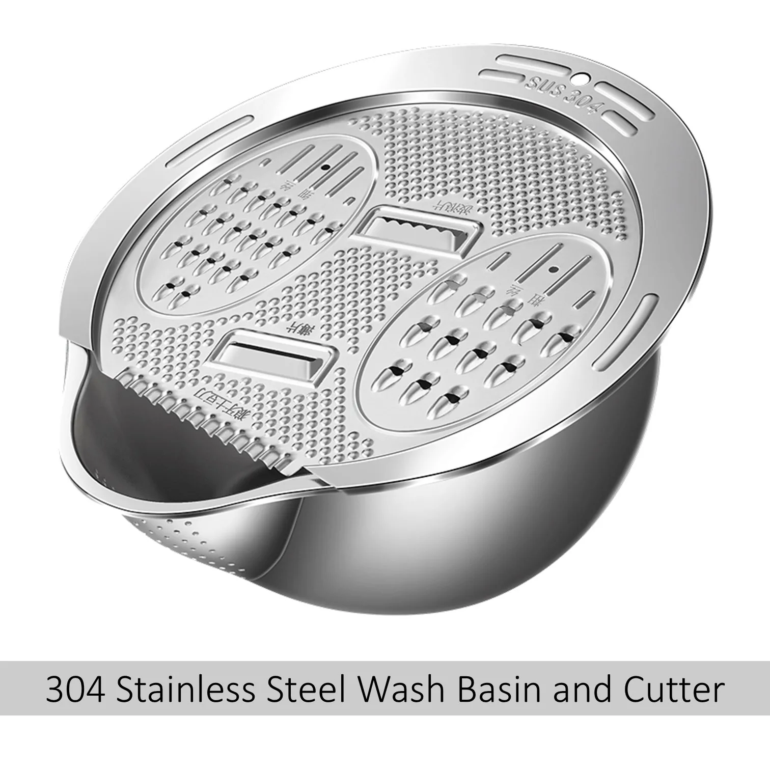 

LFGB Certificated 304 Stainless Steel Washing Basin Strainer with Vegetable Fruit Cutting Board Multifunctional Cutter Slicer