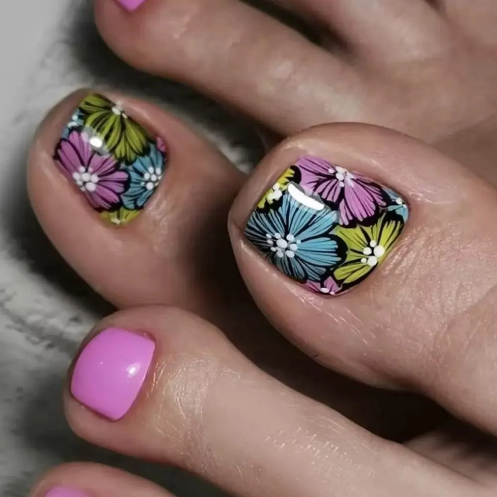 

24Pcs Short Square Head False Toenails with Colorful Flower Design Press on Fake Nail for Woman Detachable Full Cover Nails Tips