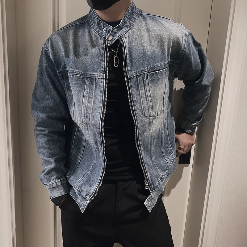 

Autumn Gradient Washed Denim Jacket Men's Fashionable Stand Up Collar Casual Denim Jacket Social Streetwear Coats Men Clothing