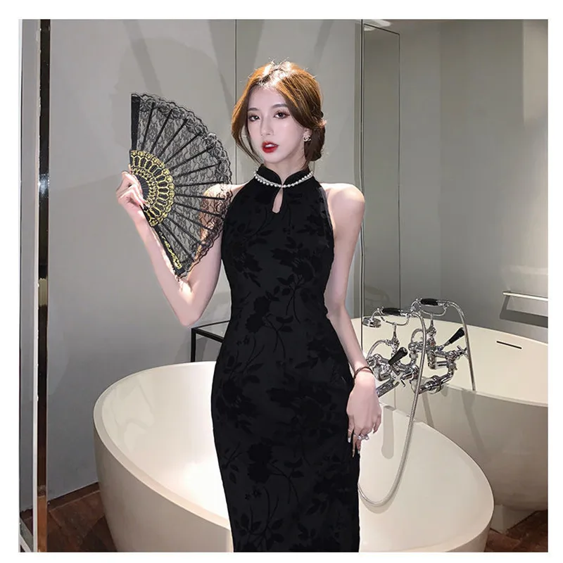 New Elegant Black Modified Flocked Printed Stretch Cheongsam Dresses Women Chinese Retro Sleeveless Slit Slim Sexy Party Dress