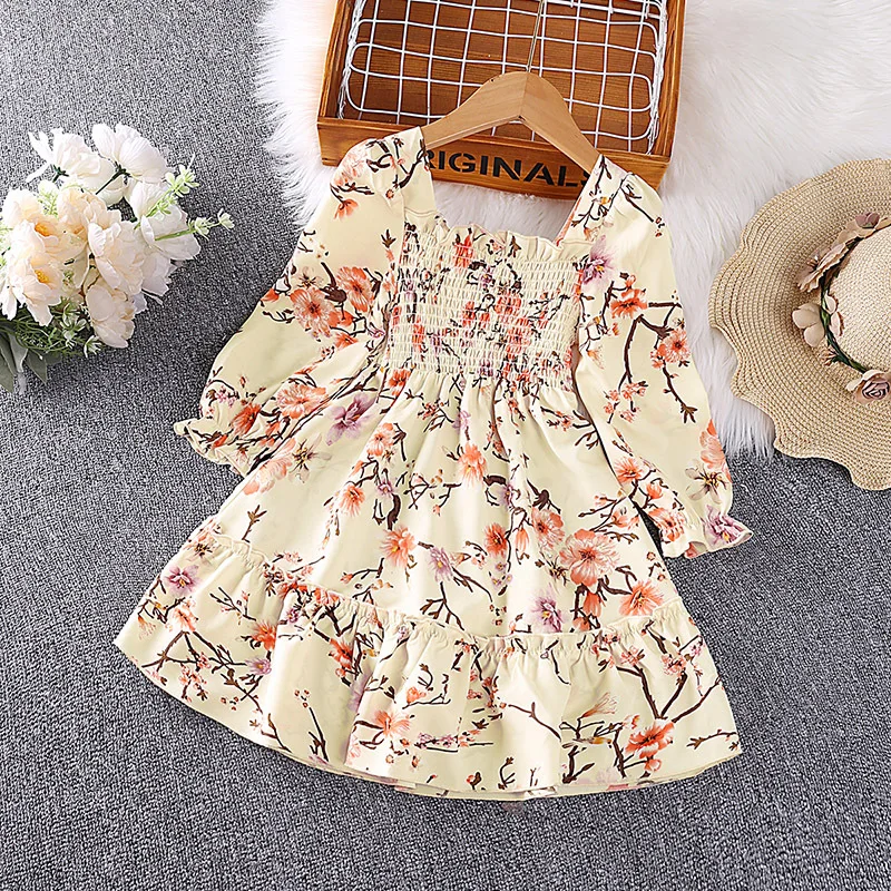 

Laura Kors 2023 Winter New Girls Dress Long Sleeve Ruched Print Floral Beige Girls Dress Vestido 4-7T