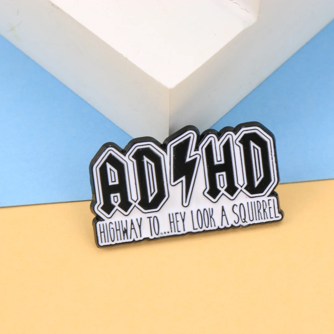 Funny ADHD "Highway to... Hey Look A Squirrel" Enamel Pin, Sarcastic Neurodiversity Brooch with Lightning Bolt, Humorous Quote