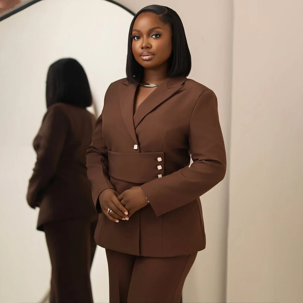 

Brown Women's 2 Piece Suits Elegant Pants Sets With Jacket Luxury Single Breasted Peak Lapel Slim Fit Female Clothing Blazer