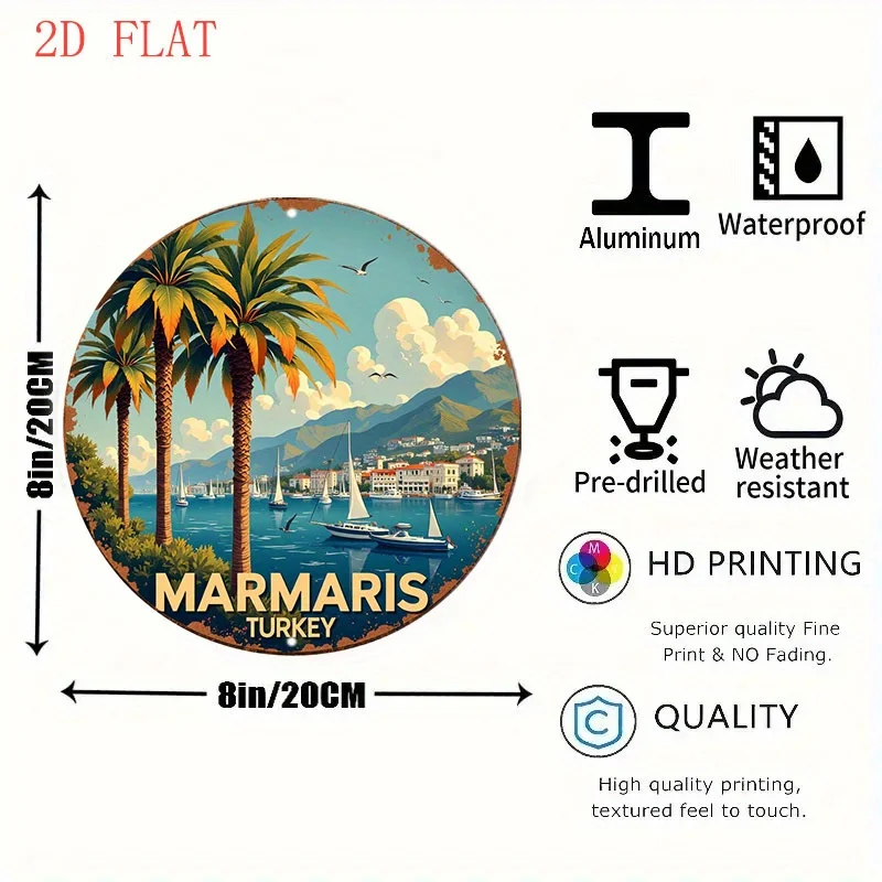 2D Flat - Round Aluminum Wall Sign Featuring an 8-Inch Design of Marmaris, Turkey, Showcasing Palm Trees, Boats, And Mountains.