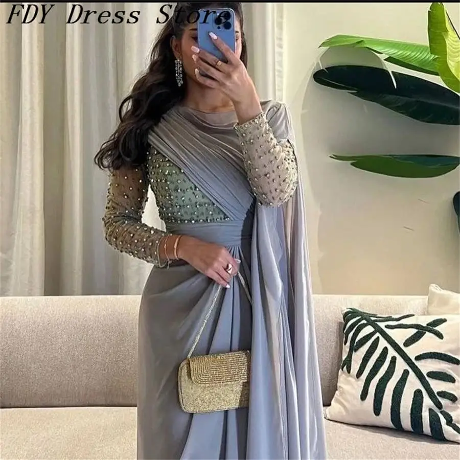 Customized Gray Chiffon Long Sleeves Prom Dresses Beaded Floor Length Formal Occasion Dress Evening Dress Party Dresses