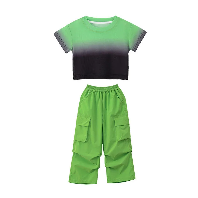 Kinderen Cool Hiphop Semi-Transparante Mesh Crop Top T-Shirt Groen Casual Cargobroek Met Ruches Voor Meisjes Jazz Dans Kostuum Kleding