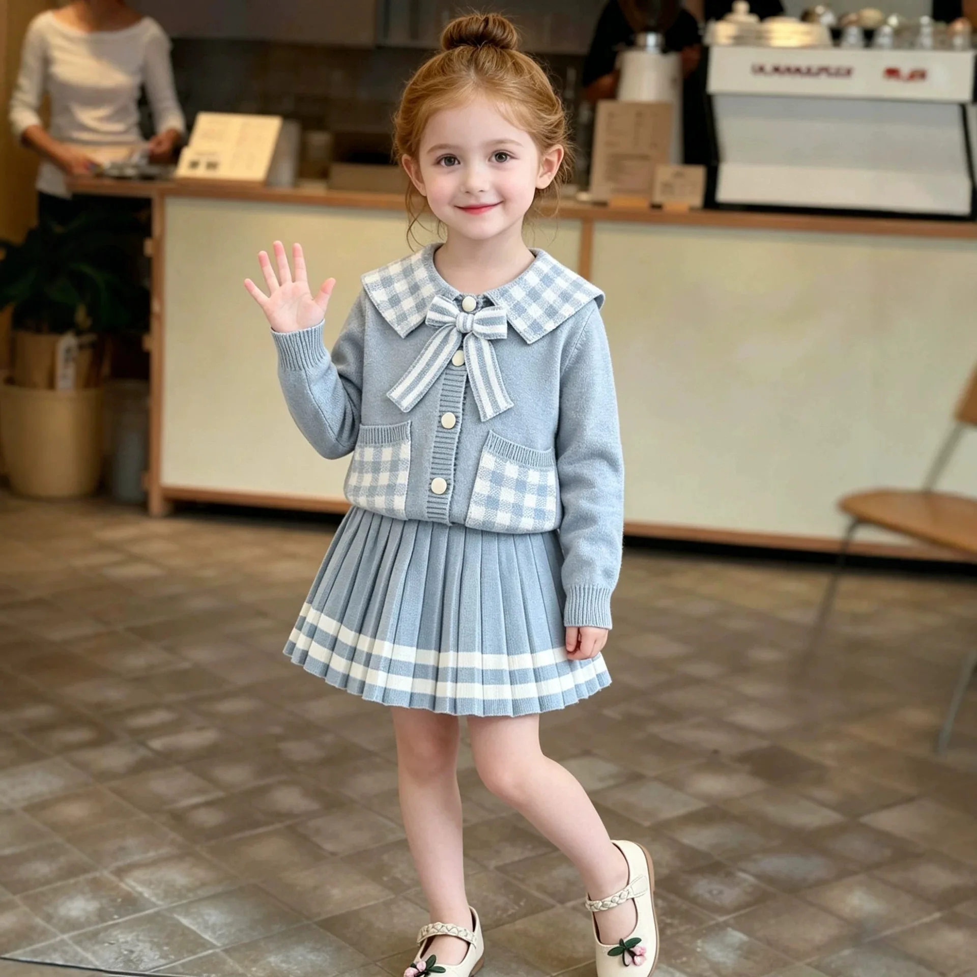 Children Sweater Set Academy Style Plaid Collar Knitted Autumn Winter New Girls Baby Fashion Korean Sweater Two Piece Set