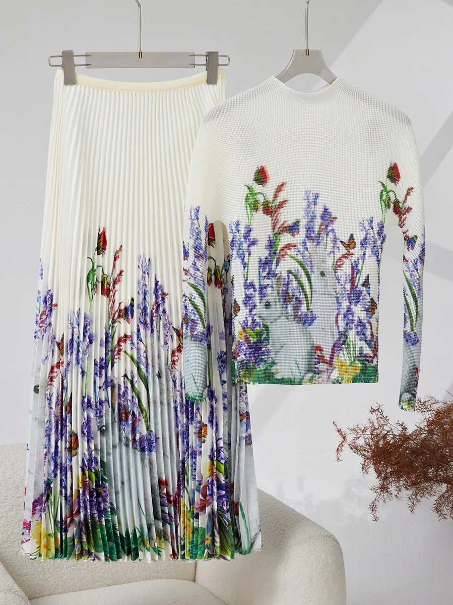 Traje informal de alta calidad para mujer, Falda plisada y Top estampado elástico, traje largo y elegante de tres piezas