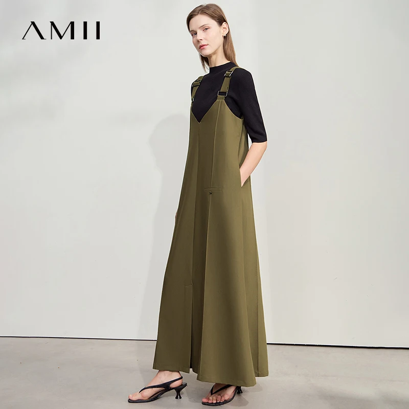 

AMII Loose Solid Color Dress Two Wear Front Back Casual 2025 Summer Women Simple Retro Strap Office Lady Pocket A Line 12552090