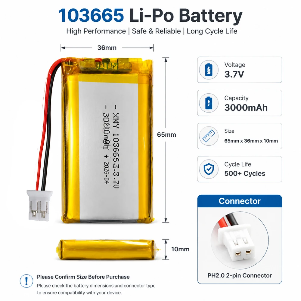 103665/103565 3.7V 3000mAh Akumulator litowo-polimerowy, złącze PH2.0, bateria zamienna, oryginalny power bank — zdjęcie produktu 6