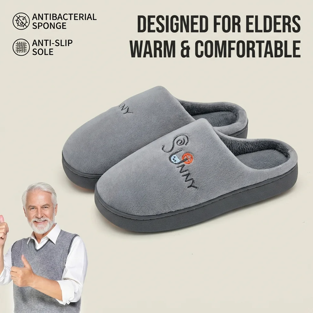 Plush Slippers Winter Antibacterial Anti Slip Sole House Slippers Soft Comfort Indoor Home Slippers For Old Men Women