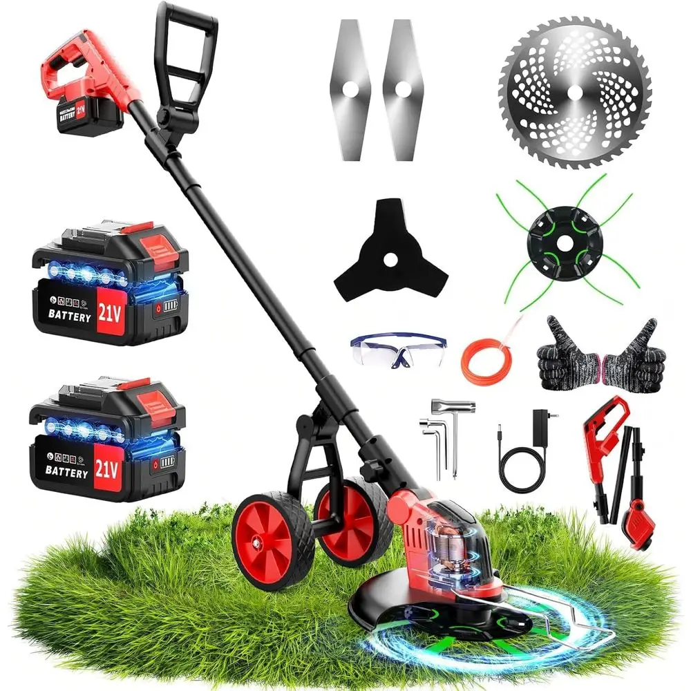 

20000RPM Electric Weed Wacker Cordlwith Wheel, 6000mAh Electric Weed Eater Battery Powered,4-in-1 Brush Cutter/String Trimmer/Gr