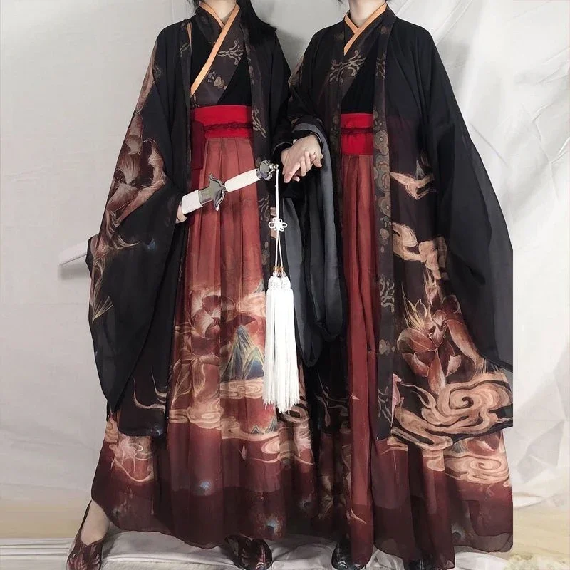 Chinese Hanfu Couples Ancient Traditional Print Hanfu Red Black Sets Men Women Carnival Cosplay Costume Hanfu Sets Plus Size XL