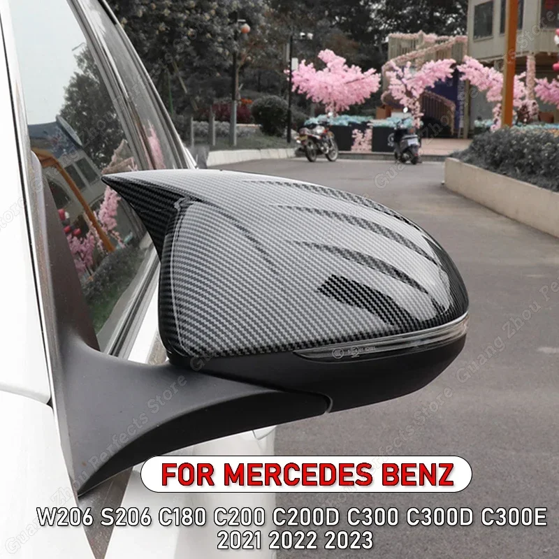 2Pcs Car Rear View Mirror Cover For Mercedes Benz W206 S206 C180 C200 C200d C300 C300d C300e 2021-2023 ABS Gloss Black Tuning