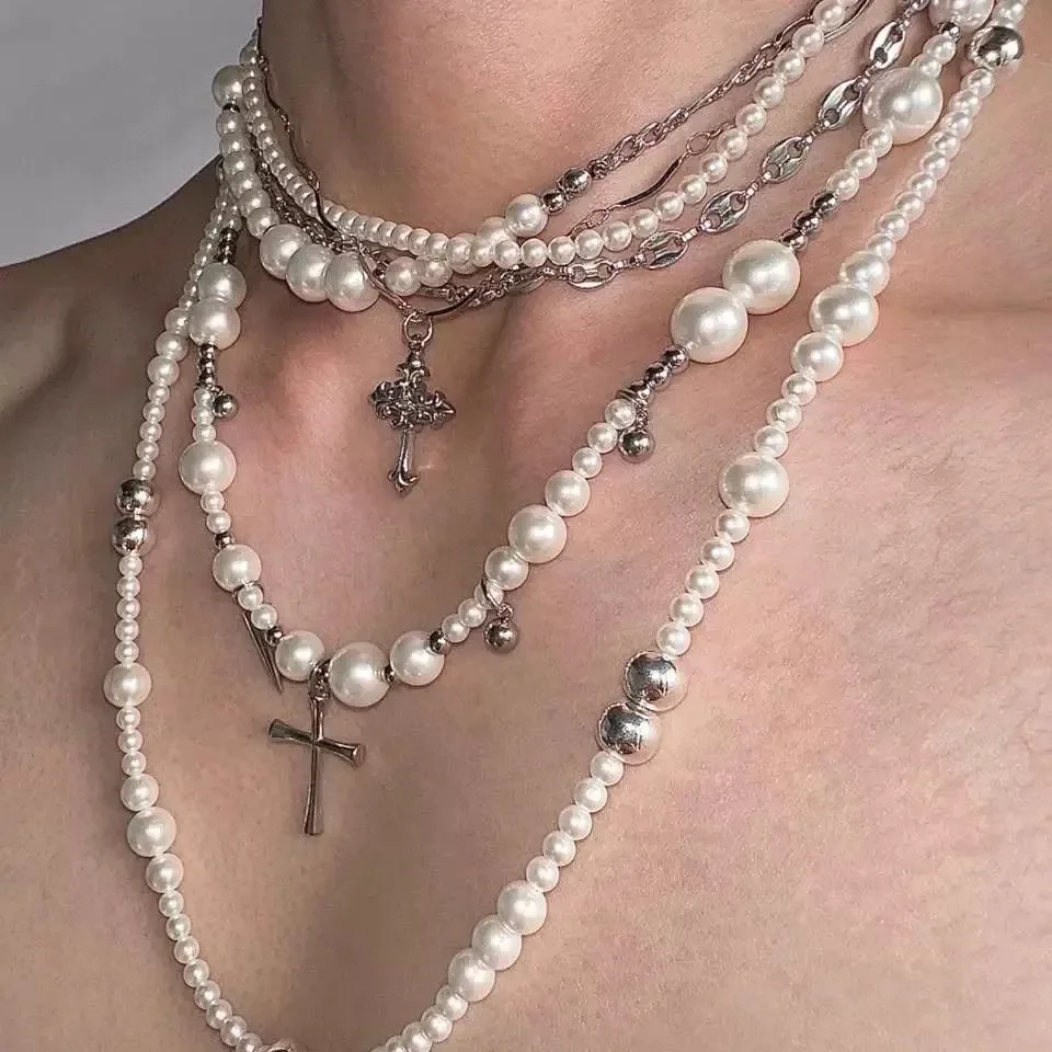 Niche Cross Sweater Chain Irregular Size Pearl Beaded Long Necklace Multiple Ways To Wear Collarbone Chain