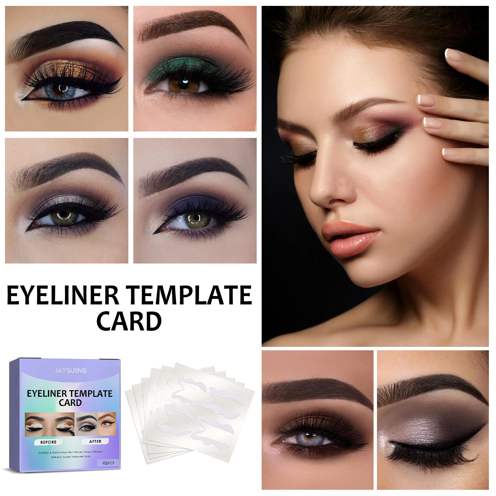 Silvertsuing-Pochoirs pour eye-liner, cartes de gabarit de revêtement des yeux, kit de gabarit de maquillage des yeux, guide portable, outil d'aide à la pose des yeux, ensemble de 6 pièces