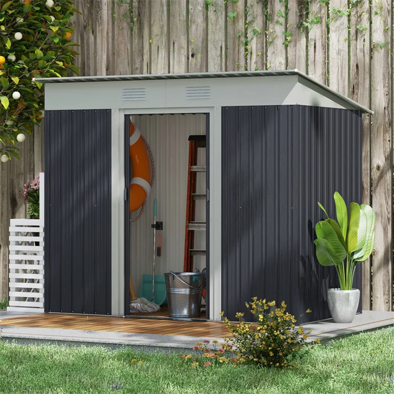 

7x4 FT Narrow Metal Shed Galvanized Steel Lean-to Storage with Double Sliding Doors&2 Vents for Lawn Mower Bike Patio Pool Toys
