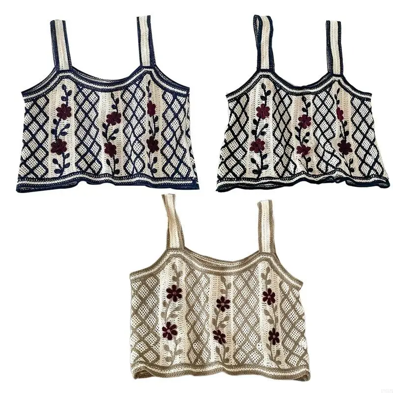 P88B Women Spring Knitted Sleeveless Sweater Vest Crochet Diamond Check Plaid Mini Crop Top Embroidery Floral Vine for Tank T