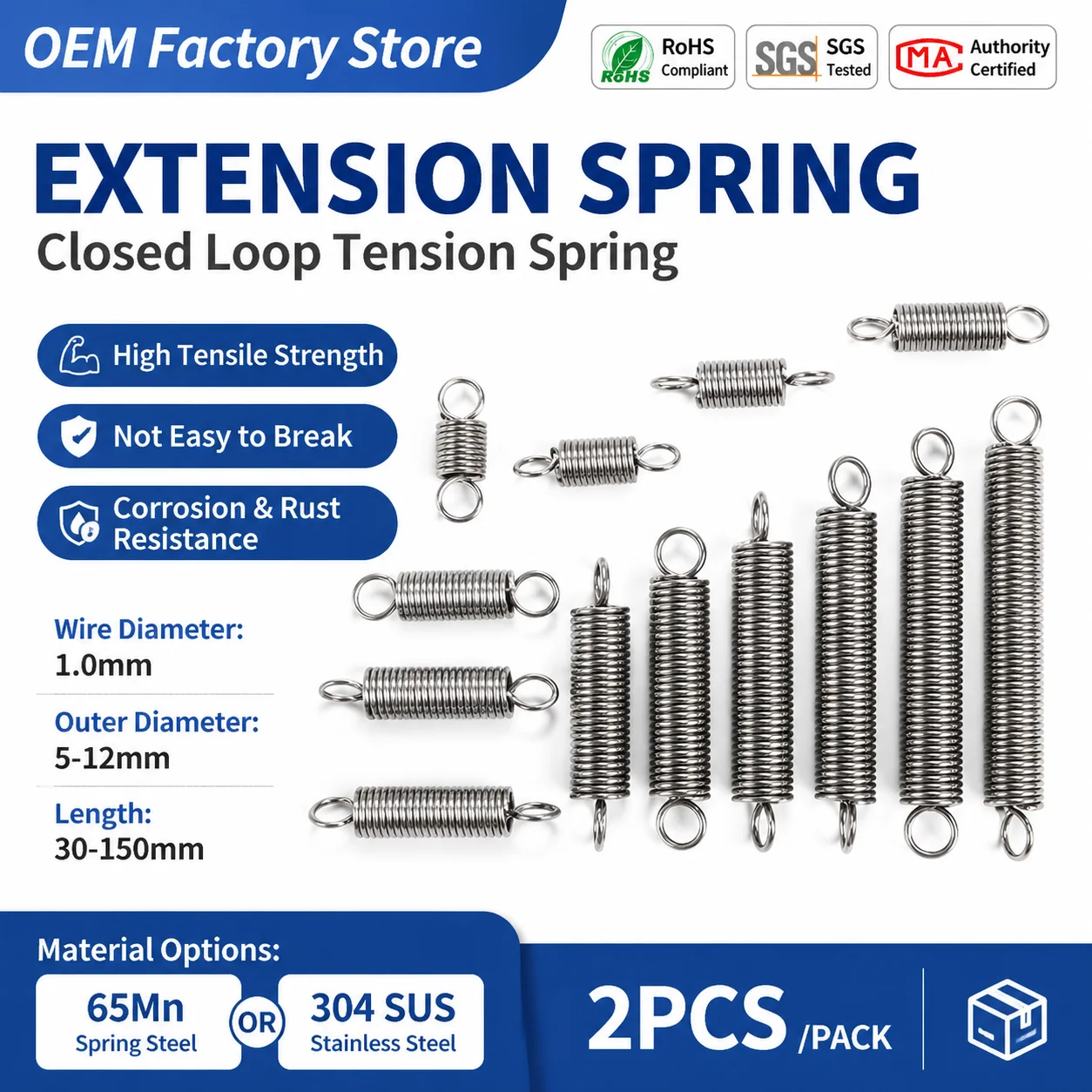 

2pcs 304SUS/65MN tension spring WD1.0mm,OD 5-12mm,Length 30-150mm hardware accessories precision closed tension spring