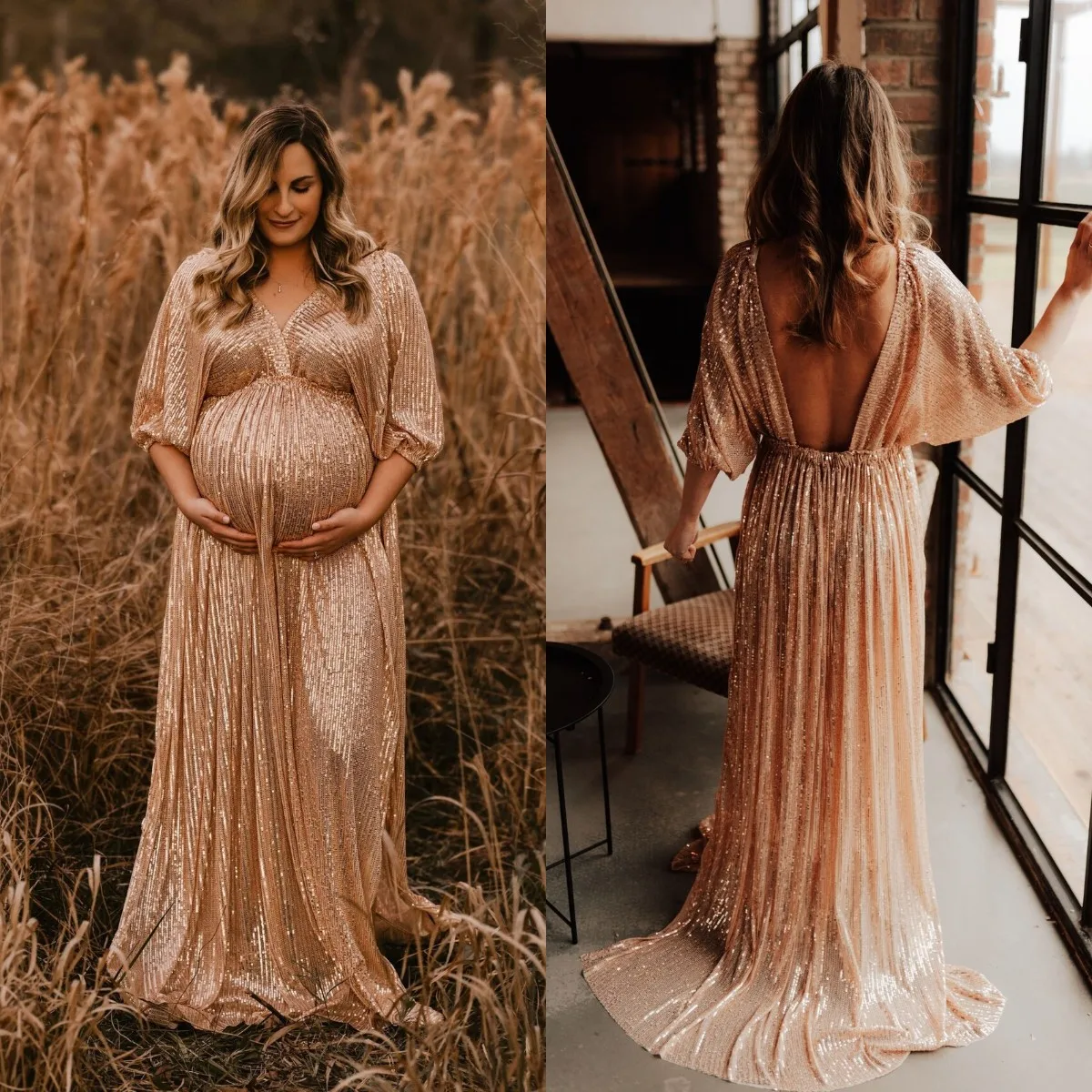 

Elegant Women's Maternity Photoshoot Dress Vintage Sequin Side Slit Maxi Gown for Baby Shower Photo Props