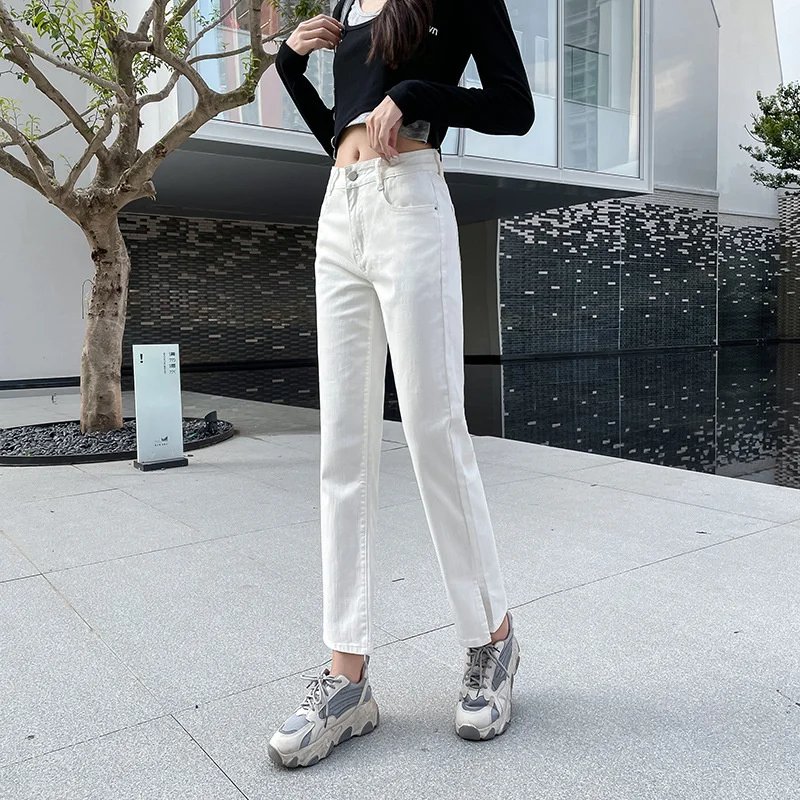 2023 Vintage Washed Denim Straight Pants Women Jeans High-waist Slim Ankle-Length Casual Pants Female Oversize Split Foot Jeans