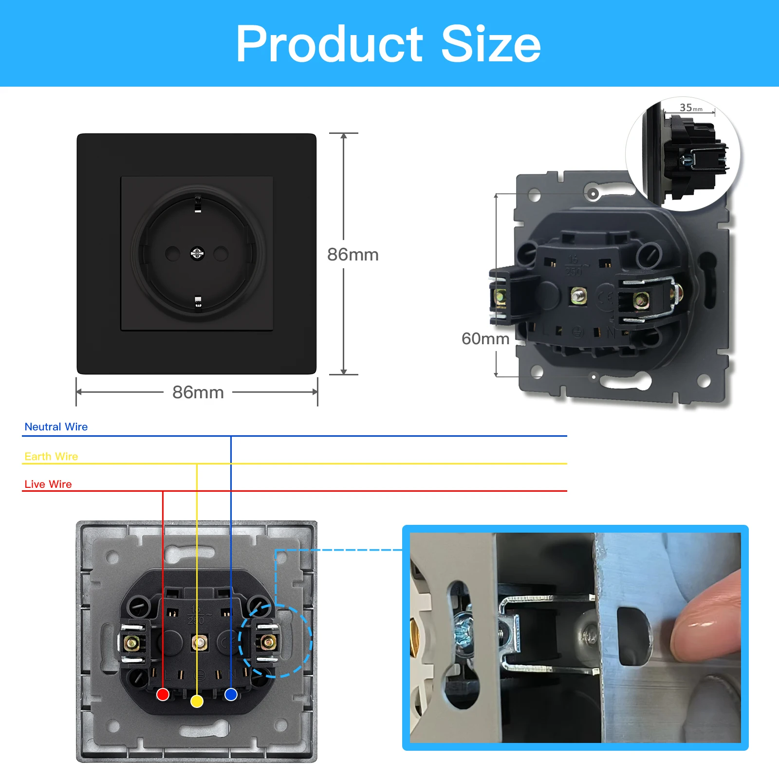 BSEED Fan Switch manopola interruttore a pulsante regolare la velocità con presa di corrente a parete interruttore ON OFF Plastci Frame nero 220V