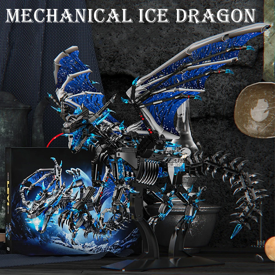 MOC Creative Warcraft Mechanical Ice Dragon Building Blocks Medieval Animal Mecha Flames Dragon Figures Bricks Toy for Kids Gift