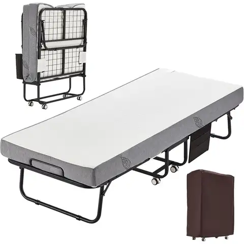 75" x 31" Folding Rollaway Bed with 5 Inch Memory Foam Mattress, Metal Frame Portable Single Bed with Bed Side Pocket for Adults