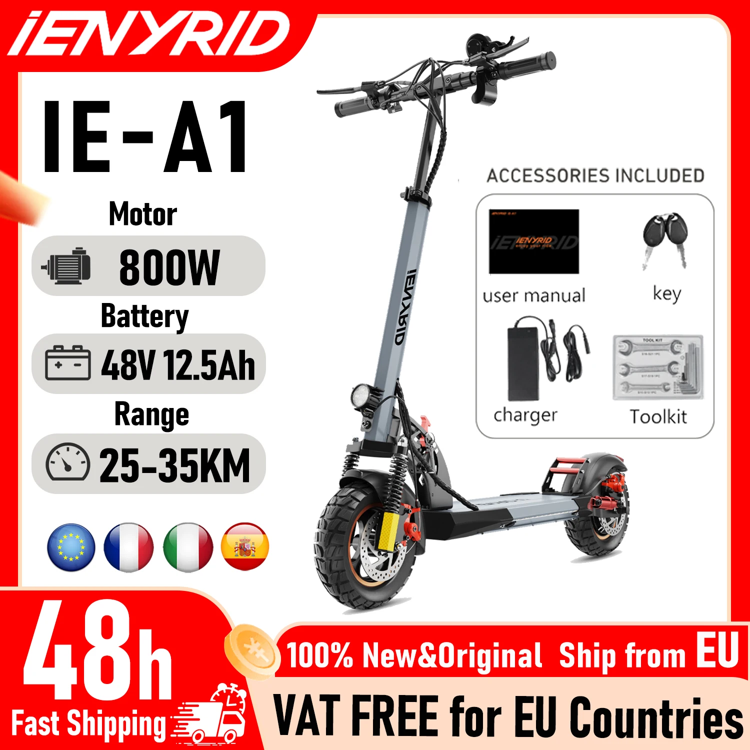 IENYRID A1 Trottinette électrique pliable 800W/48V/12.5 AH E-Scooter Vitesse maximale 45KM par heure Autonomie maximale 20-30KM Trottinette électrique urbaine pour adultes