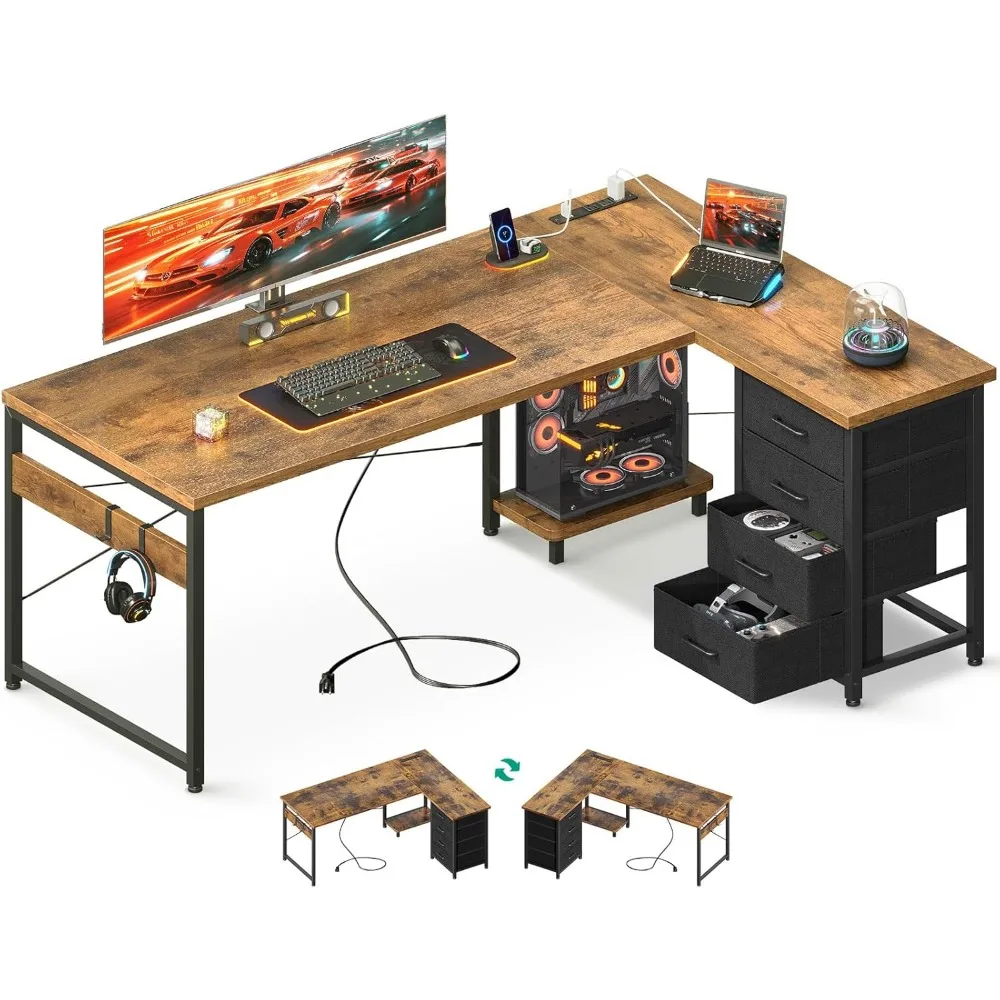61'' L Shaped Desk with 4 Drawers, Reversible Corner Desk with Storage, Gaming Table with Power Outlets, USB Ports, Computer