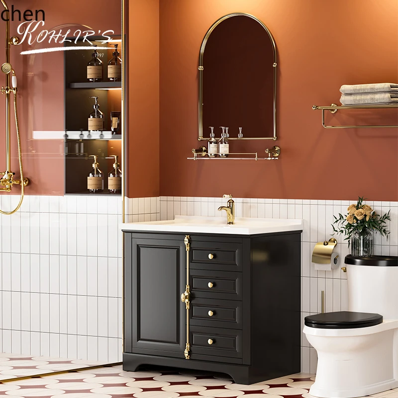 

ZML retro bathroom cabinet combination solid wood washbasin floor-to-ceiling ceramic washbasin oak washbasin pool