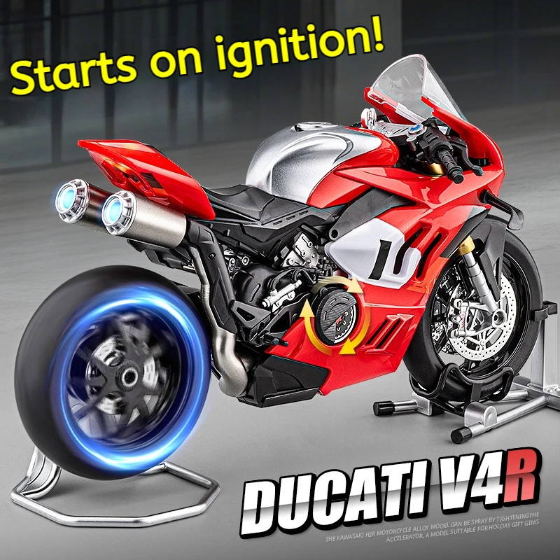 ドゥカティ-1-9-v4r-合金製スポーツバイクモデル-イグニッションスタート-トラックレーシングバイクモデル-スプレーサウンドライト付き-キッズトイ