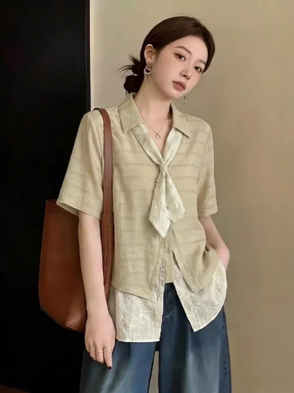 Sweet And Salty Style Short Sleeve Shirt Women's plus Size Summer New Korean Version Commute Style Big Code Micro Fat MM Shirt