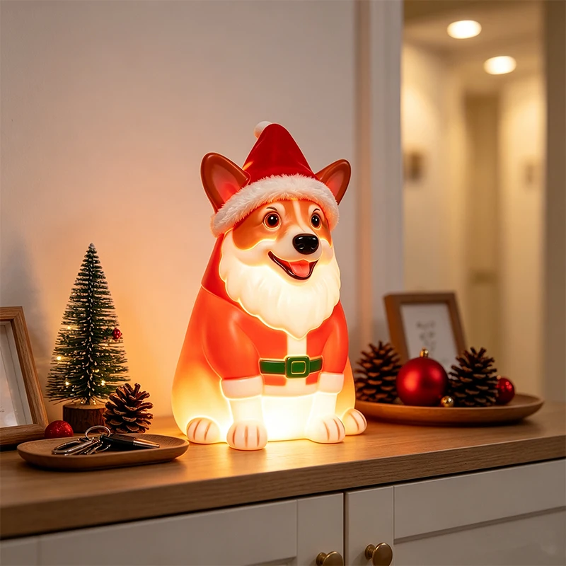 Christmas Glowing Corgi Santa Claus Statue LED Light Puppy Figurine Indoor Table Decor Xmas Party Home Decoration Holiday Gift