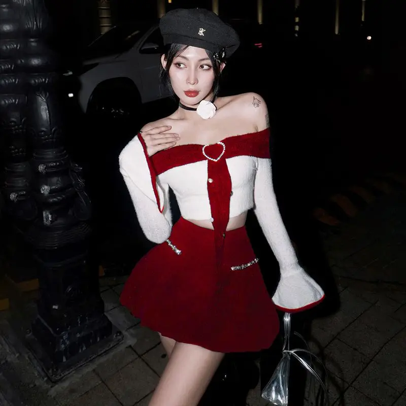 Korean Fashion 2 Piece Skirt Set Women Ynk Bow Slash Neck Cropped Tops Sexy Mini Skirts Suit Female Gothic Christmas Furry Sets