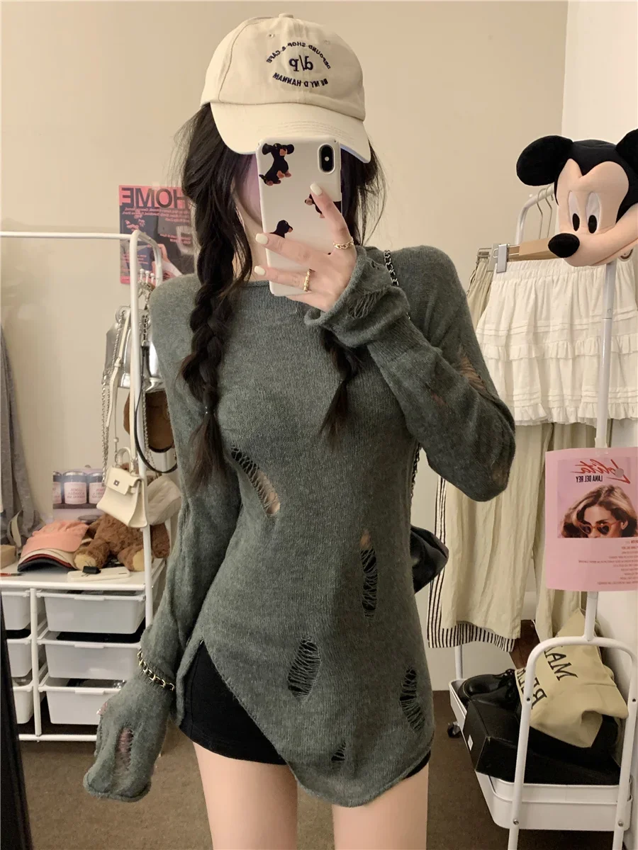 

Джемпер Harajuku, модный вязаный свитер Sueter Mujer для женщин, туника с нерегулярными отверстиями, топы Y2k, сексуальные вязаные пуловеры с вырезами