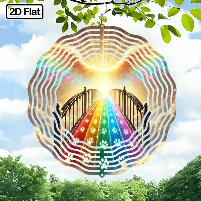 2D Flat, Rainbow Bridge Paw Print Rotating Wind Chime Pendant, 360-Degree Rotating Hook, Outdoor/Indoor Garden Yard Decor