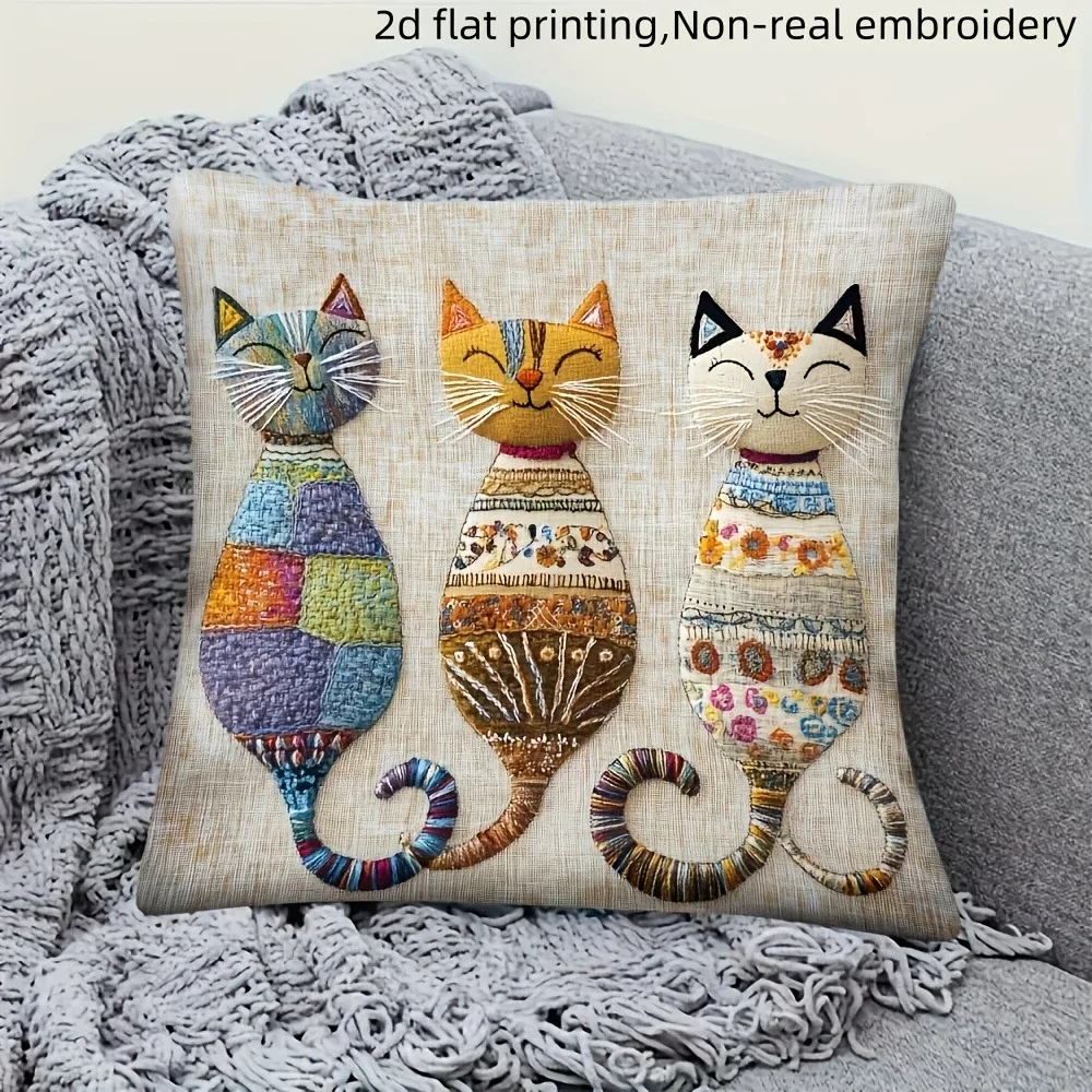 Funda de almohada con estampado plano 2D con estampado de gato para mayor comodidad y estilo, funda de cojín para sofá