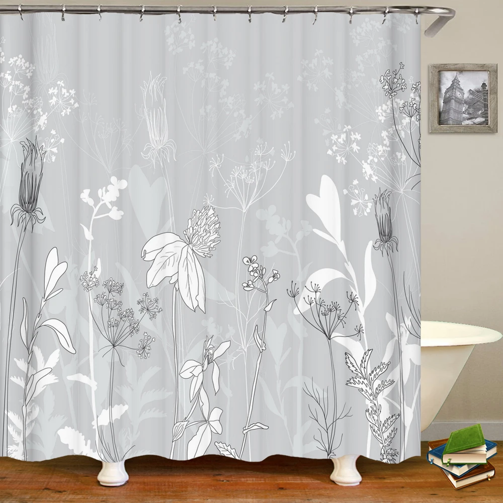 Retro Flower Plant White Shower Curtain Home Decor Bathroom Accessories Waterproof Polyester Fabric Bath Curtain Cortina De Baño