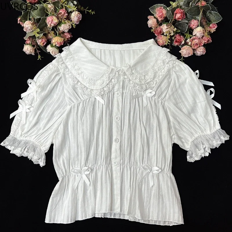 Sweet Lolita Blouse Girly Japan Kawaii Bow Lace Peter Pan Collar Short Sleeve Shirts Women White High Waist Slim Inside Blouses