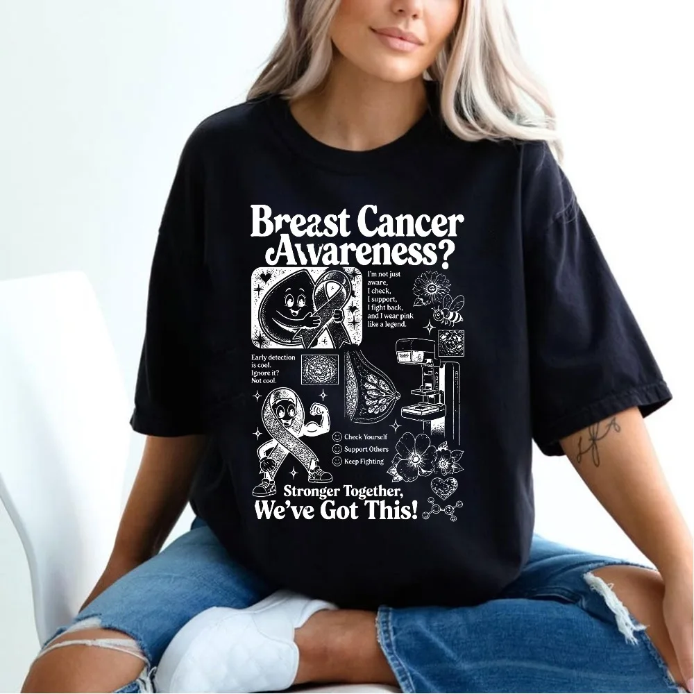 Breast Cancer Awareness T Shirt Retro Support Graphic Tee Gift for Survivor Women Educational Graphic Tee Casual Cotton Tshirt