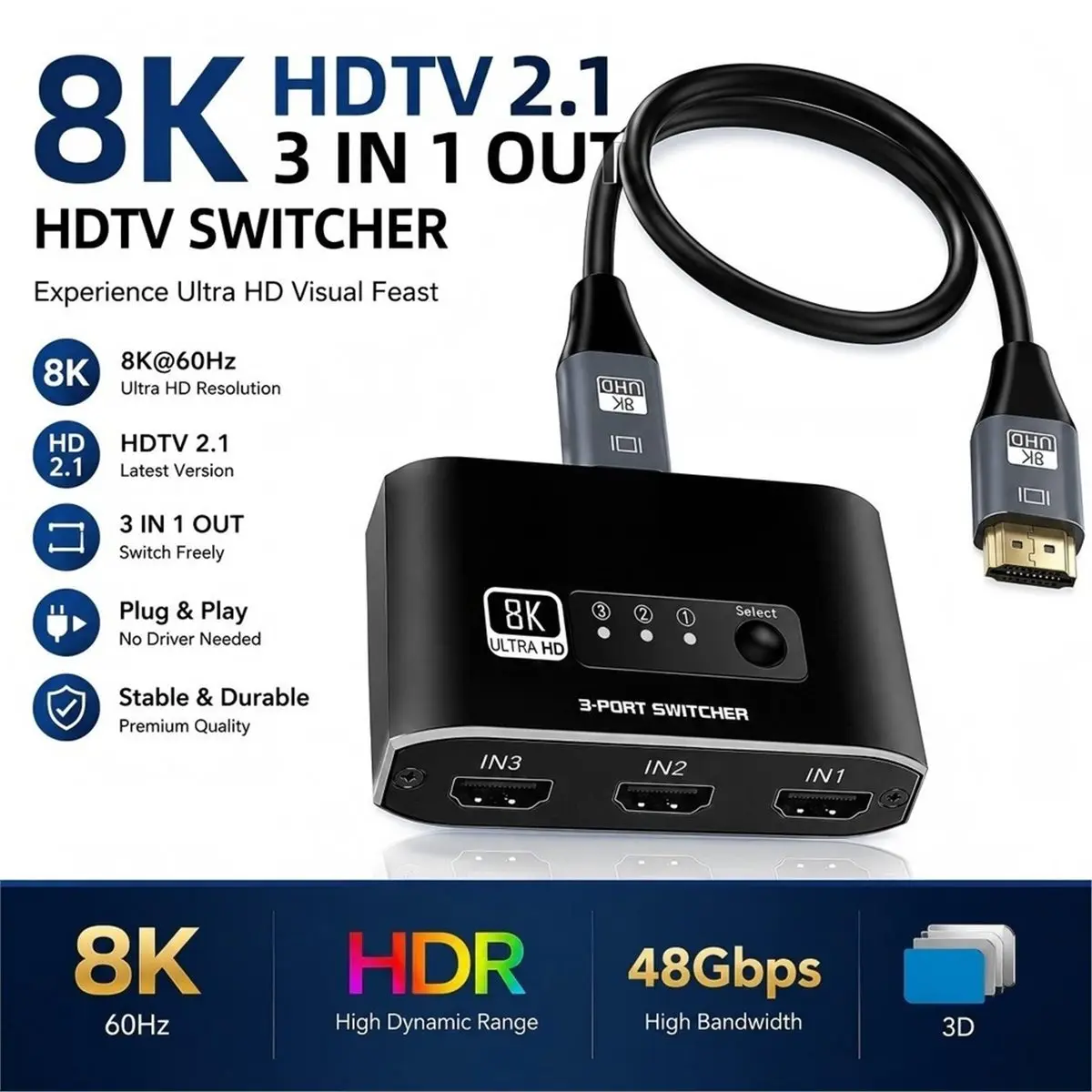 8K -Compatible 2.1 Switch Out, Aluminum -Compatible Switcher with Remote & Auto Switch, Supports 4K@120Hz