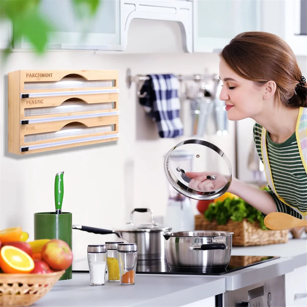 Wrap Dispenser, Aluminum Tin Foil and Wax Paper Storage Dispenser with Slide Cutter & Labels for Kitchen Drawer 1 Grid