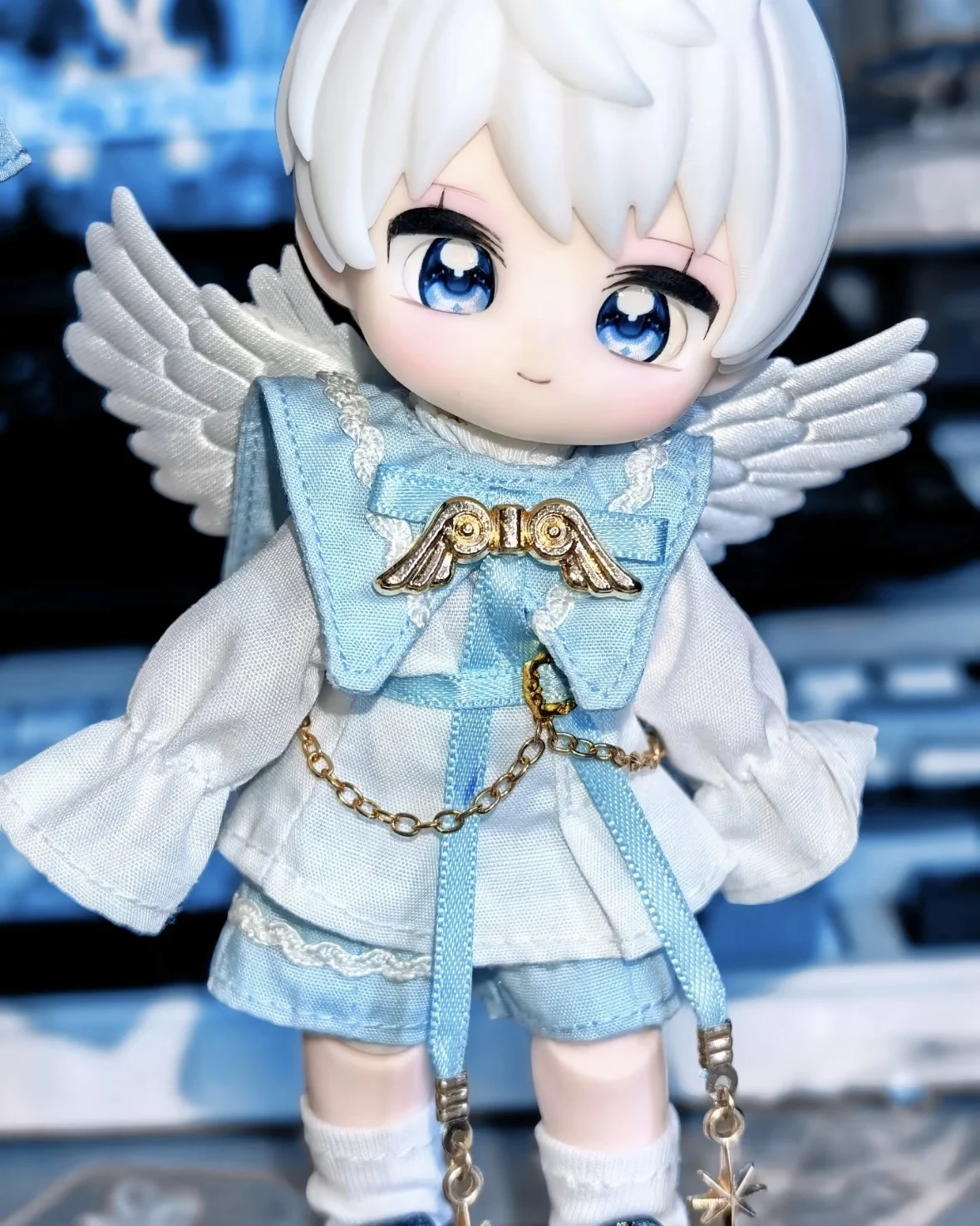 OB11 Angel Prince Outfit Set for 1/12 BJD Dolls, White Wing Blue Shawl Shirt Shorts with Crown Accessories (Doll Not Included) 5