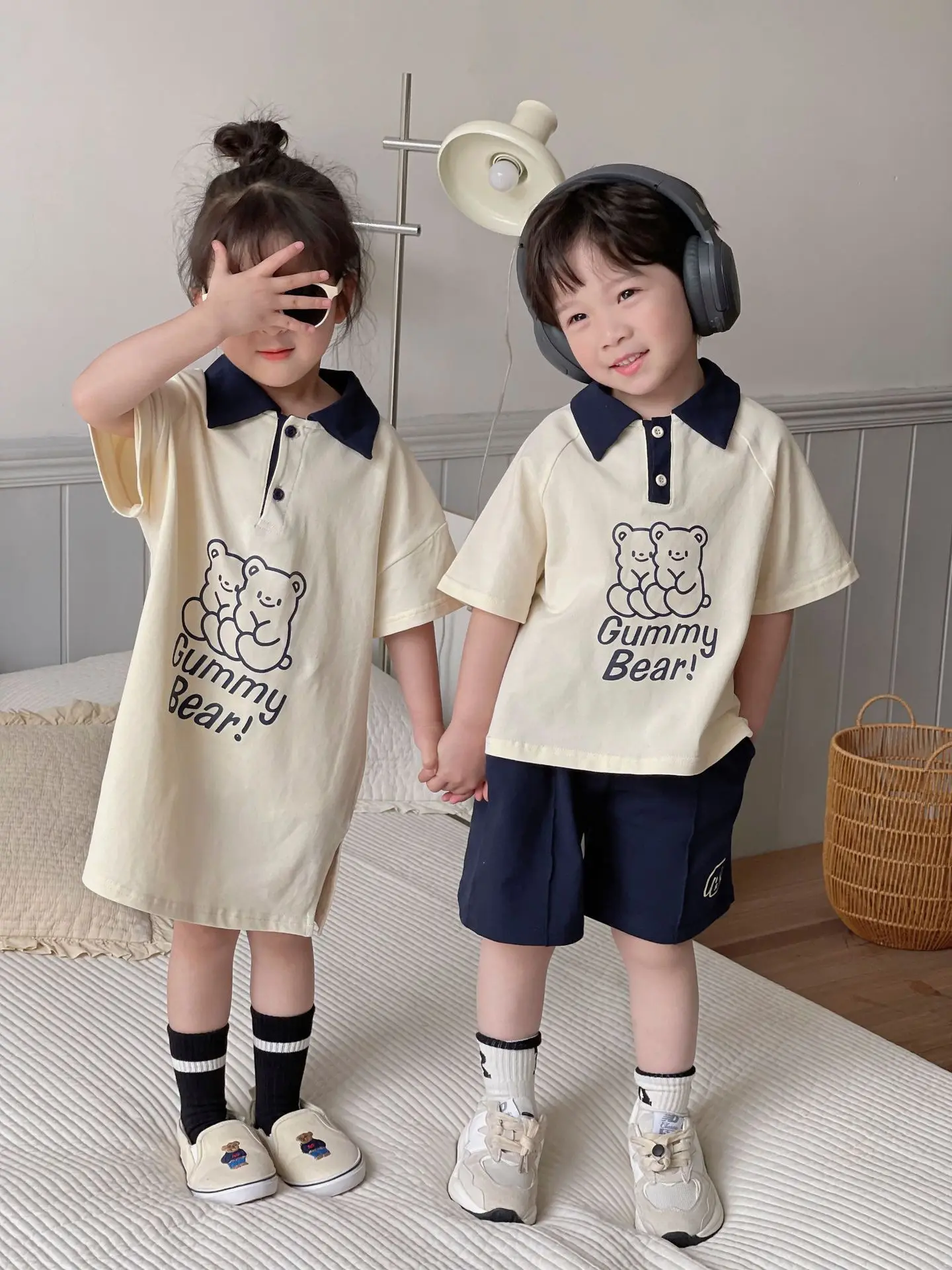 Korean Summer Children Siblings Attire Cartoon Bear Letter Printed Baby Girl Dress Cotton Polo Shirt Dog Shorts Kids Boy Outfits